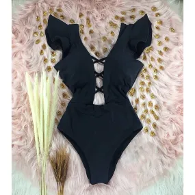 Beautiful Ruffle Deep V Neck One Piece Swimsuit