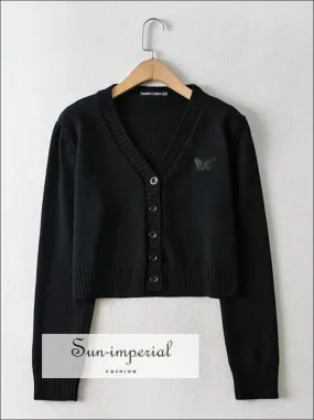 Black V Neck Embroidery Butterfly Crop Knit Cardigan