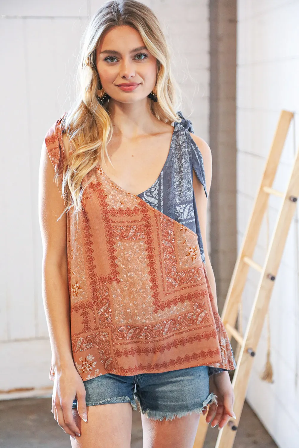 Denim Boho V Neck Shoulder Tie Detail Top