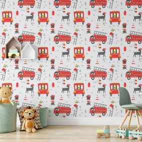 Firetruck Pattern Removable Wallpaper, Puppy Dog Wall Cling, Firefighter , Modern Kids Room Decor, Cute Wall Mural Decal