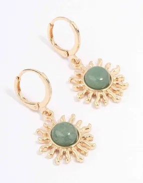 Gold Green Aventurine Sun Huggie Earrings